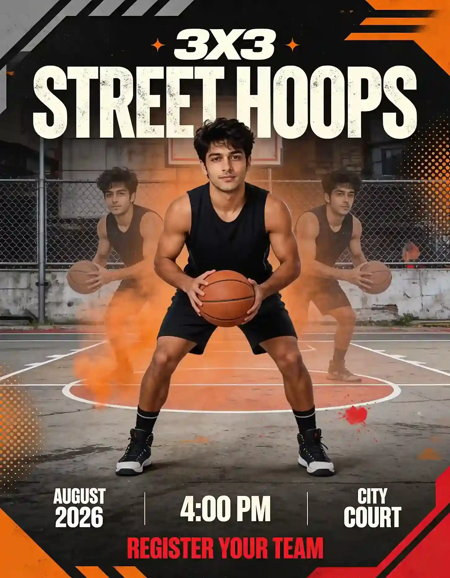 Basketball player posing on a street court in a 3x3 event flyer.