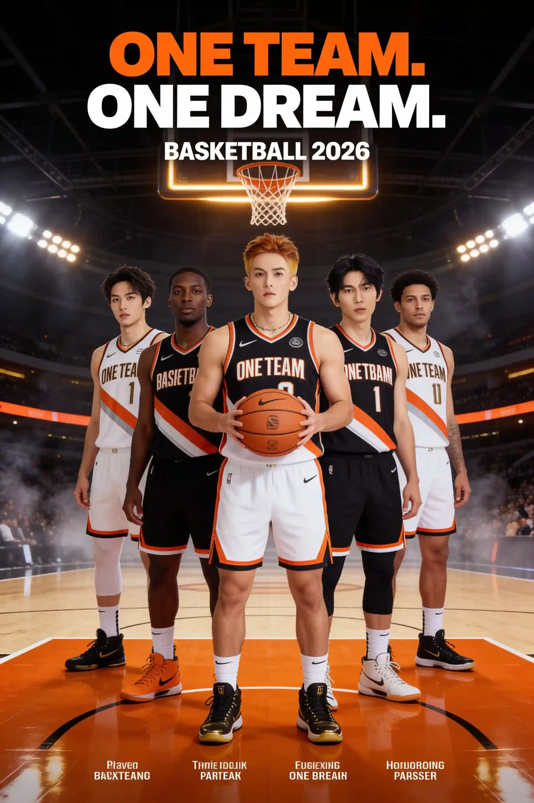 Five basketball players posing together on an indoor court.