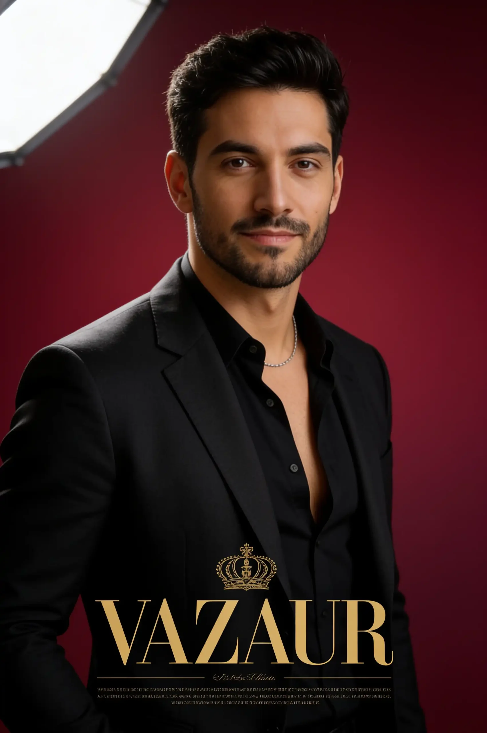 Man in a black blazer posing against a deep crimson studio background.