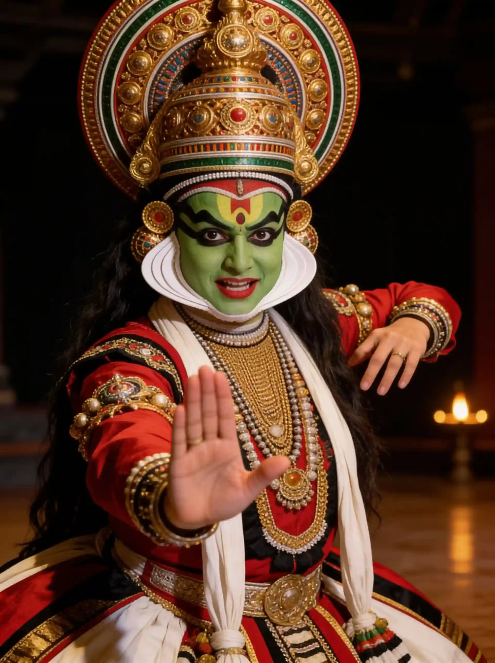 Traditional Kerala Kathakali performer wearing colorful makeup, ornate costume, and elaborate headgear.