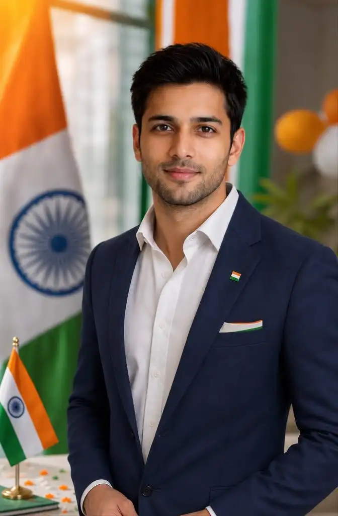 Professional Independence Day marketing visual featuring a person with elegant tricolor branding and patriotic design elements.