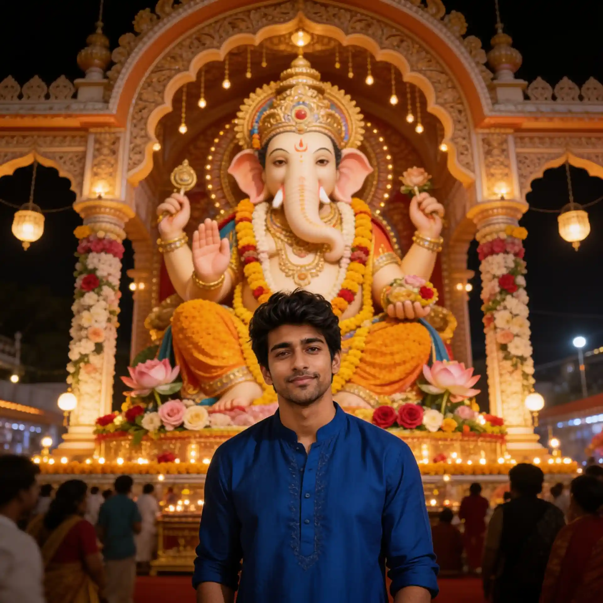 Man in a blue kurta posing at a grand Ganpati pandal with a decorated Bappa idol.