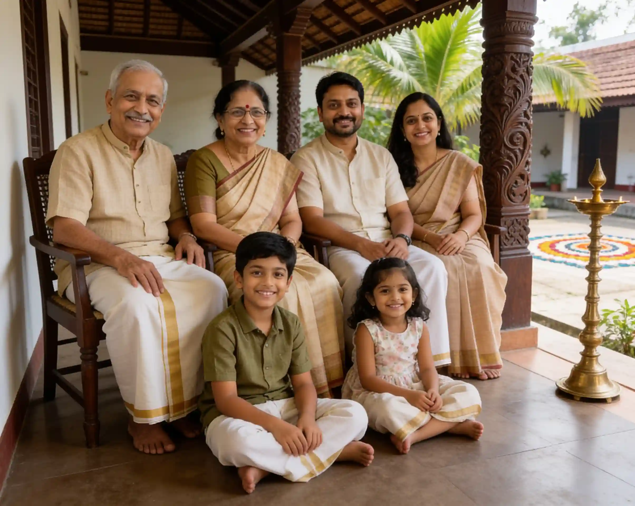 Multi-generation family wearing traditional Kerala outfits for an Onam celebration.