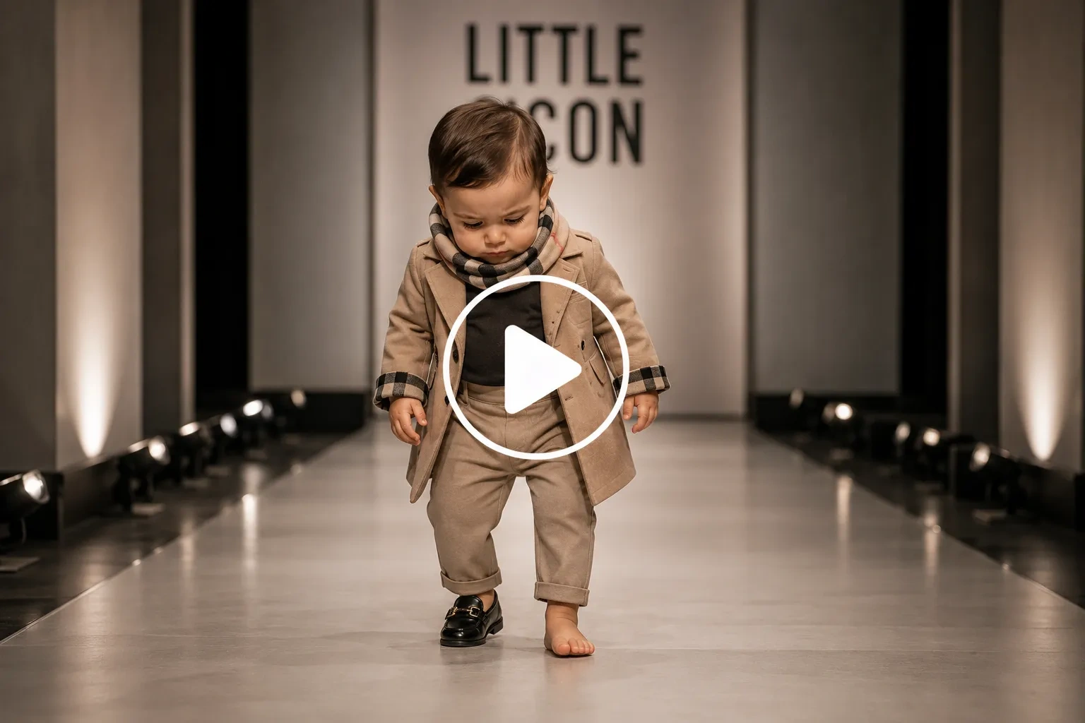 Baby model walking a runway and noticing a missing sock.