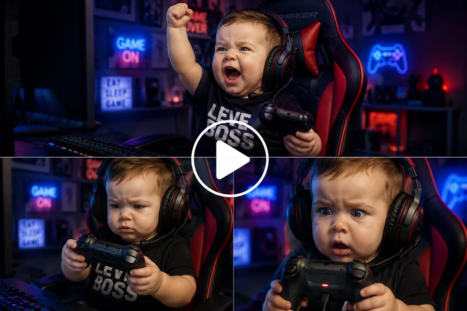 Baby gamer celebrating before realizing the controller is disconnected.