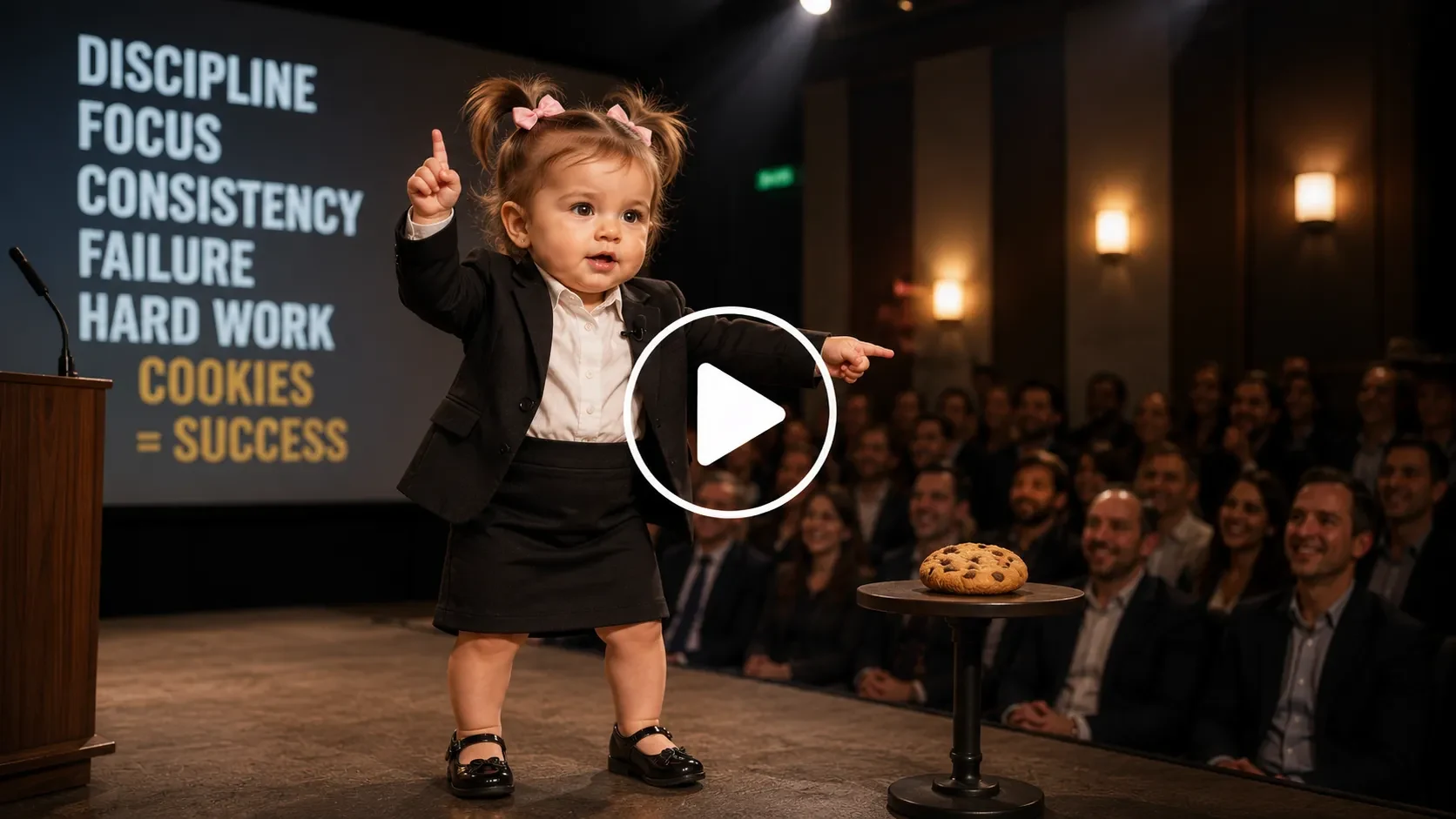 Baby giving an inspirational speech about cookies.