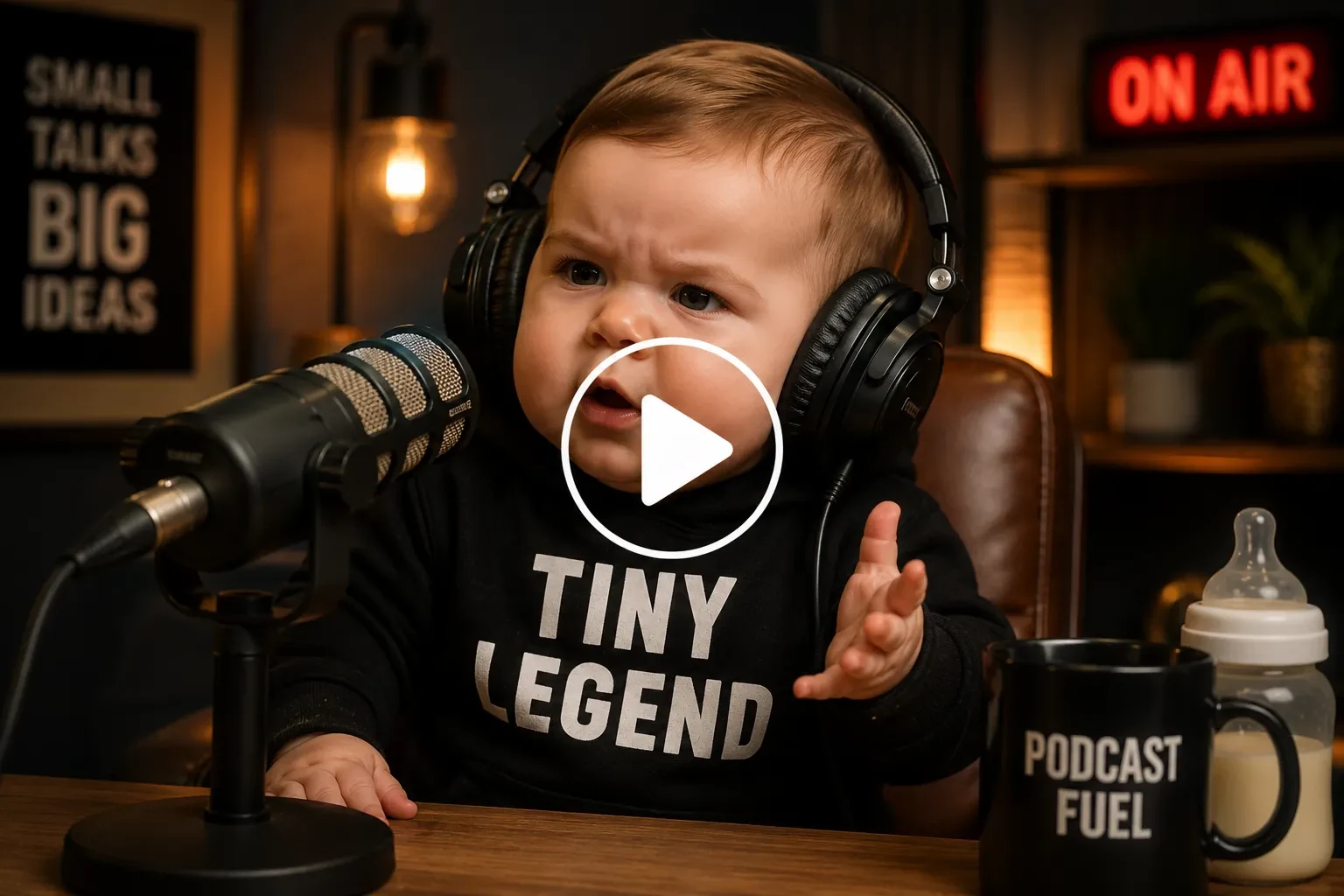 Baby hosting a podcast while wearing oversized headphones.