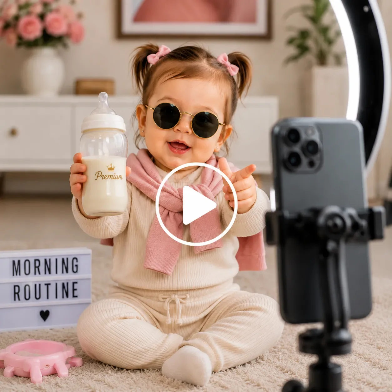 Baby influencer promoting a milk bottle to a smartphone camera.