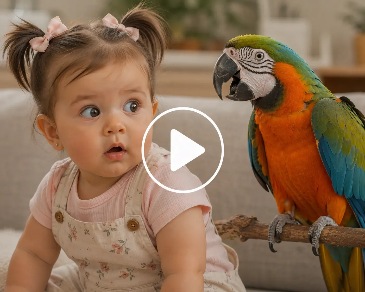 Baby reacting in shock as a parrot copies its sounds.