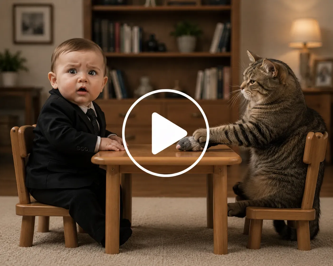 Baby and cat negotiating over a toy at a tiny table.