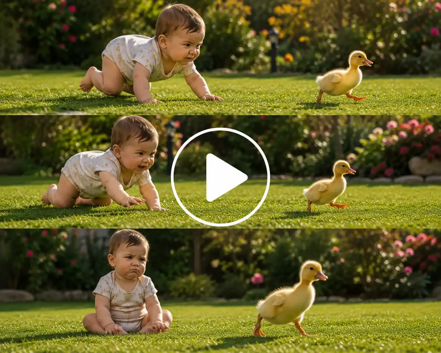 Baby racing a duck across a grassy garden.