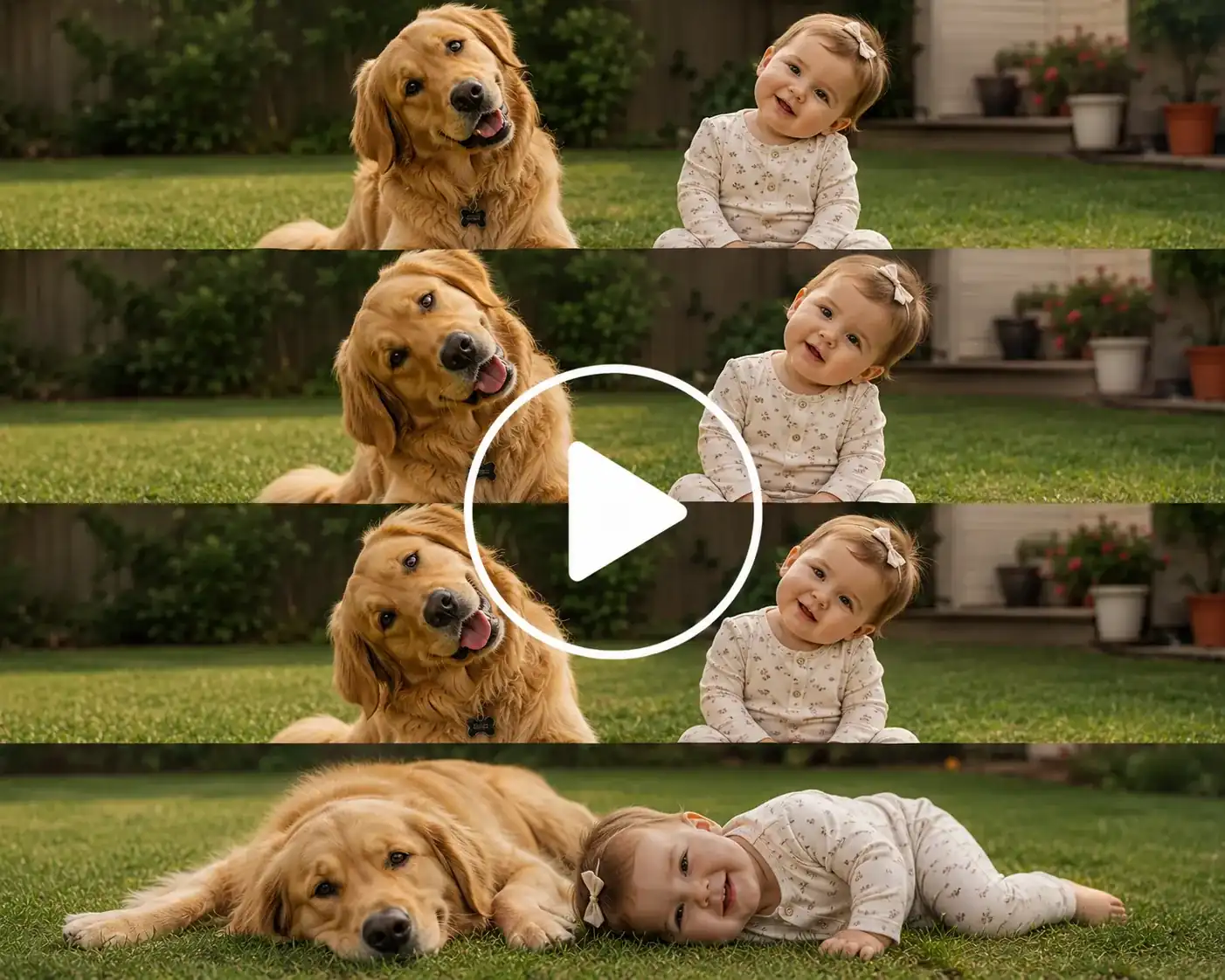 Baby mimicking a dog’s movements in a backyard.