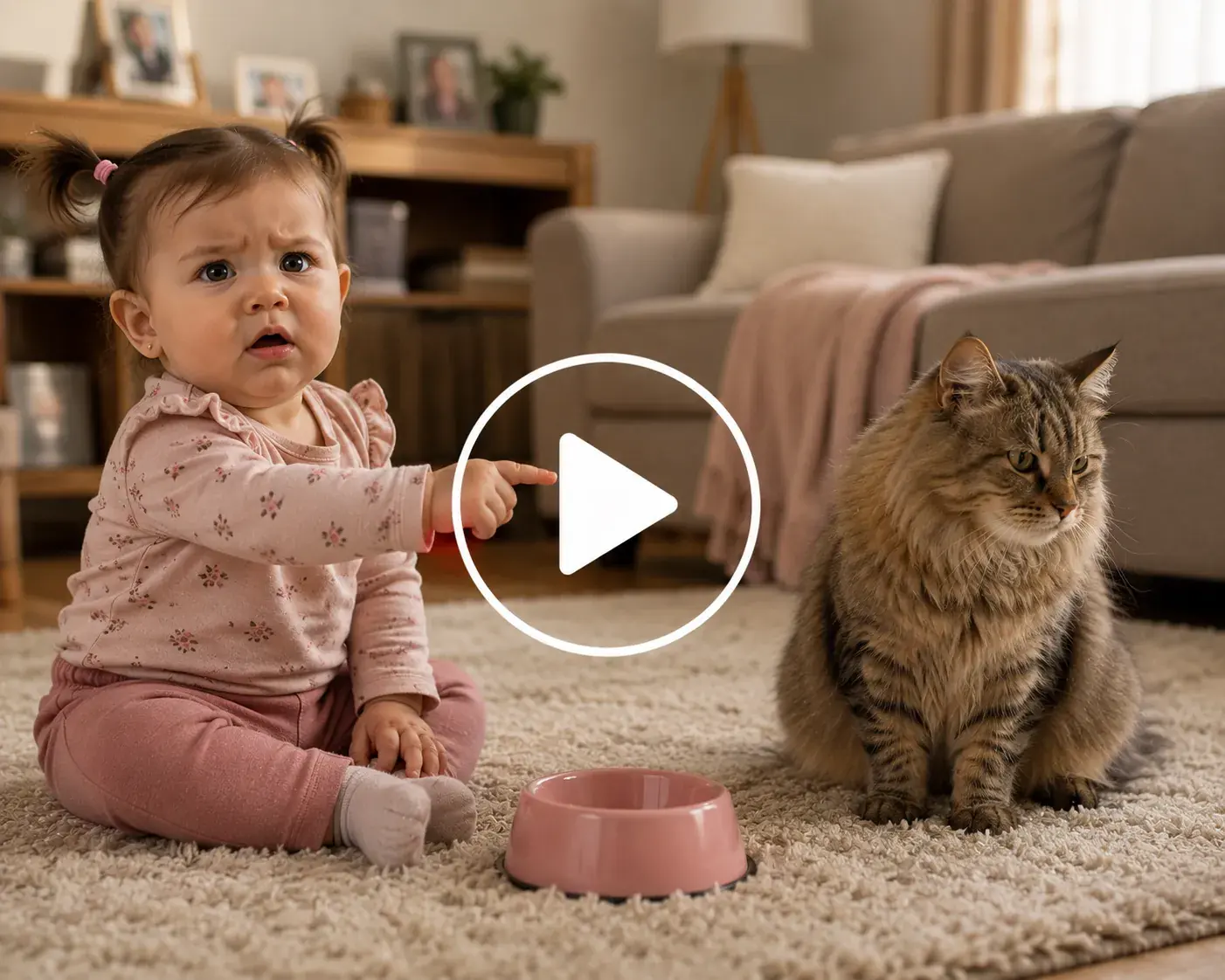 Baby giving a serious lecture to an unimpressed cat.