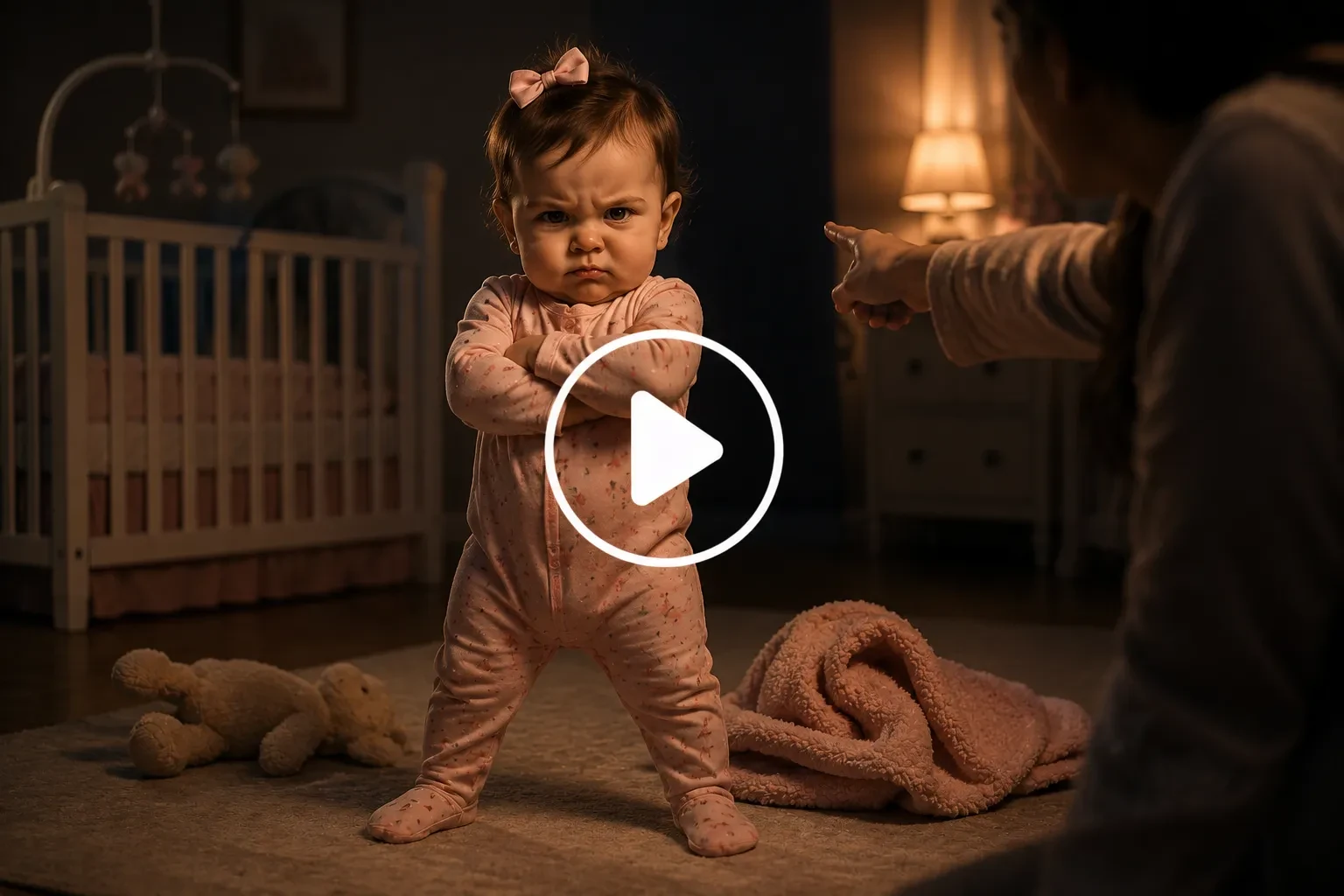 Baby in pajamas standing dramatically in a bedroom, refusing bedtime with a villain-like expression.