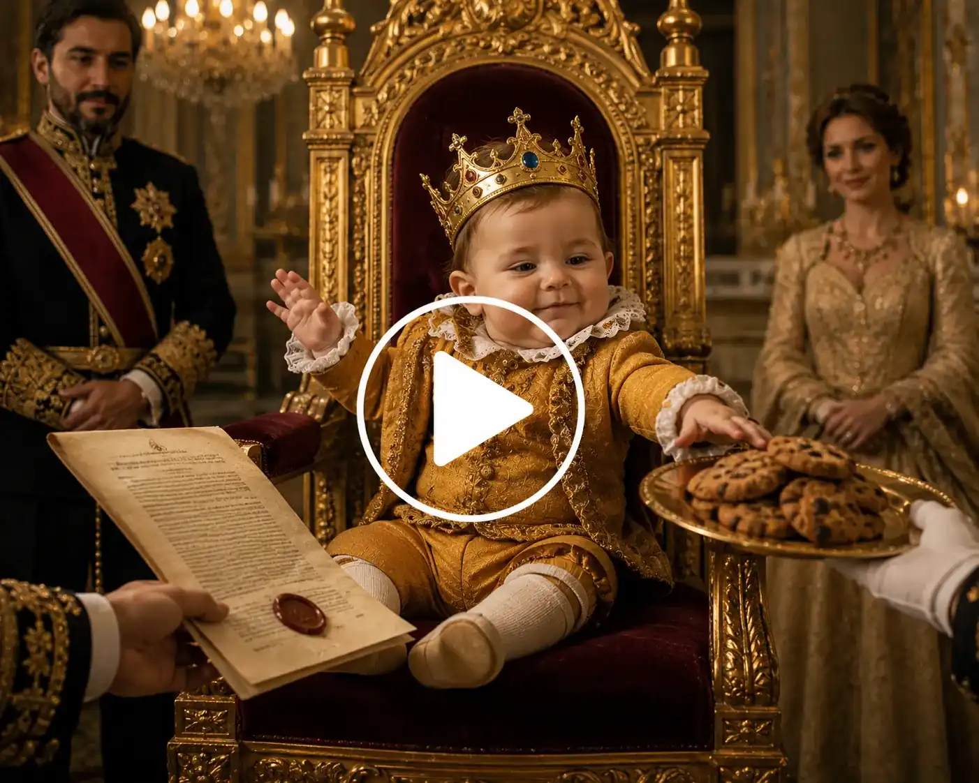 Baby king on a royal throne reaching for cookies.