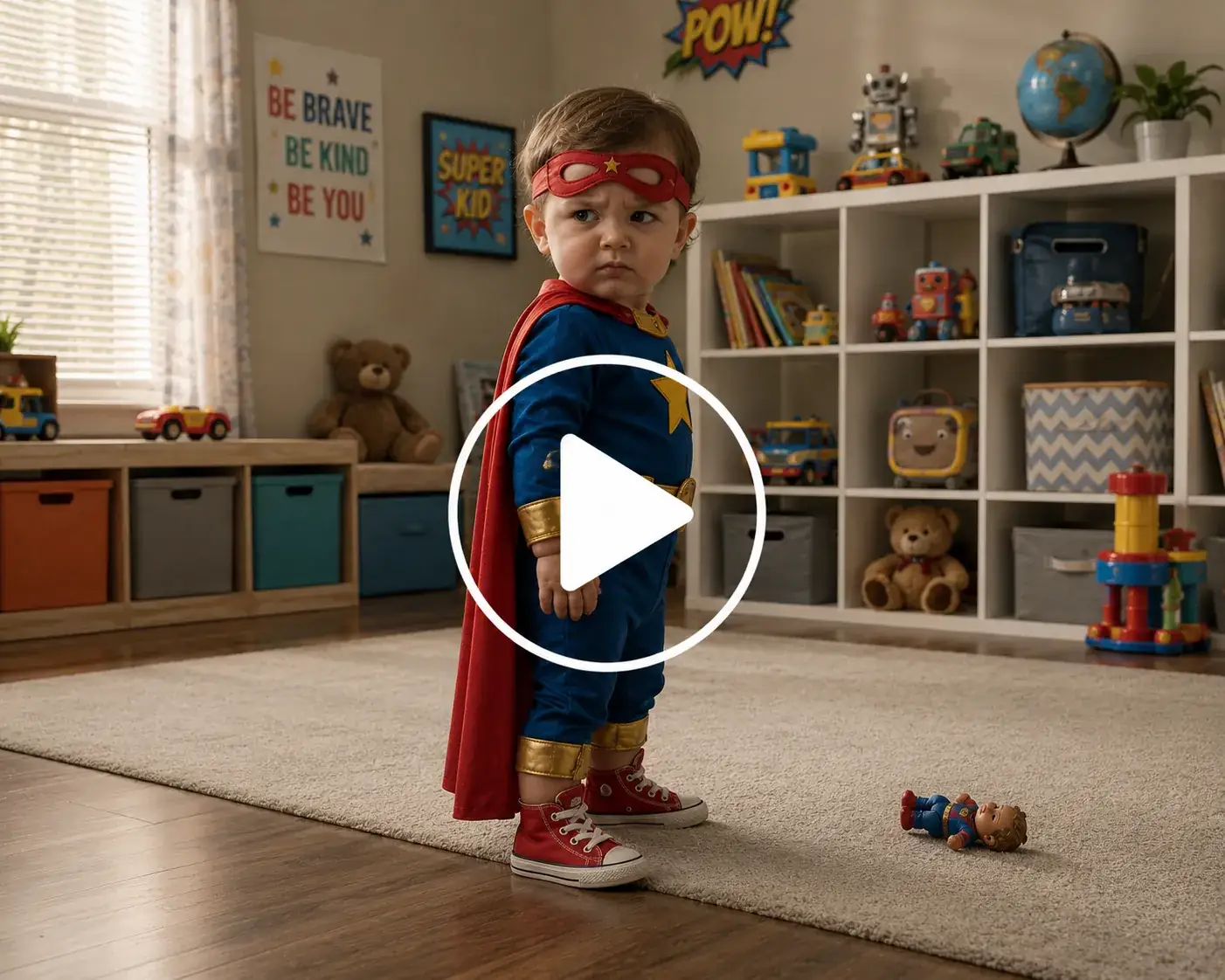 Superhero baby cleaning a playroom at lightning speed.