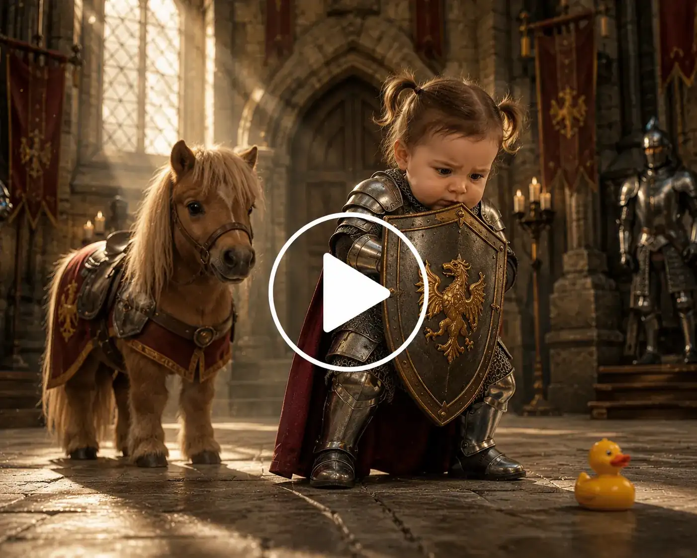 Baby knight hiding behind a shield from a toy duck.