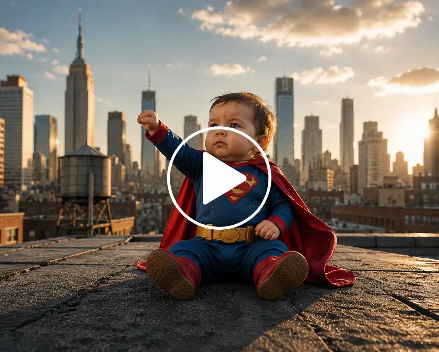 Superhero baby posing dramatically on a city rooftop.