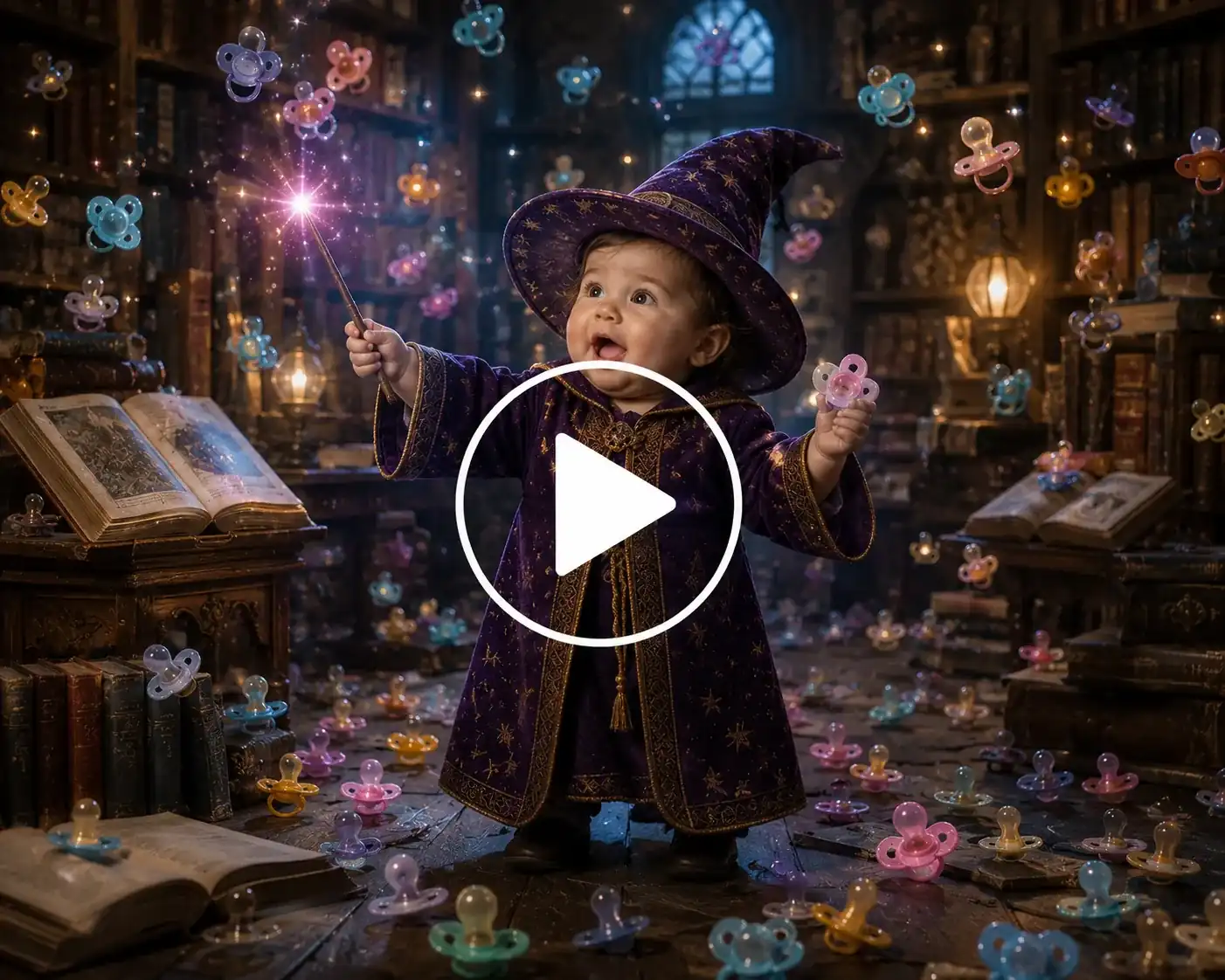 Baby wizard casting a spell inside a magical library.