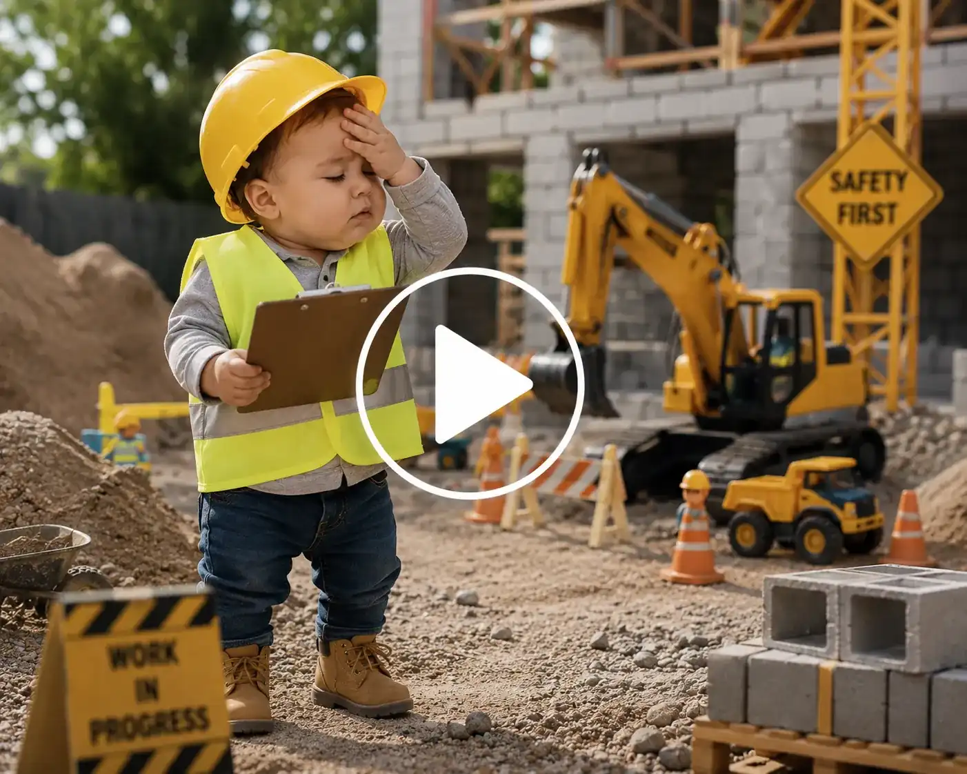 Baby construction supervisor inspecting a worksite with a clipboard.