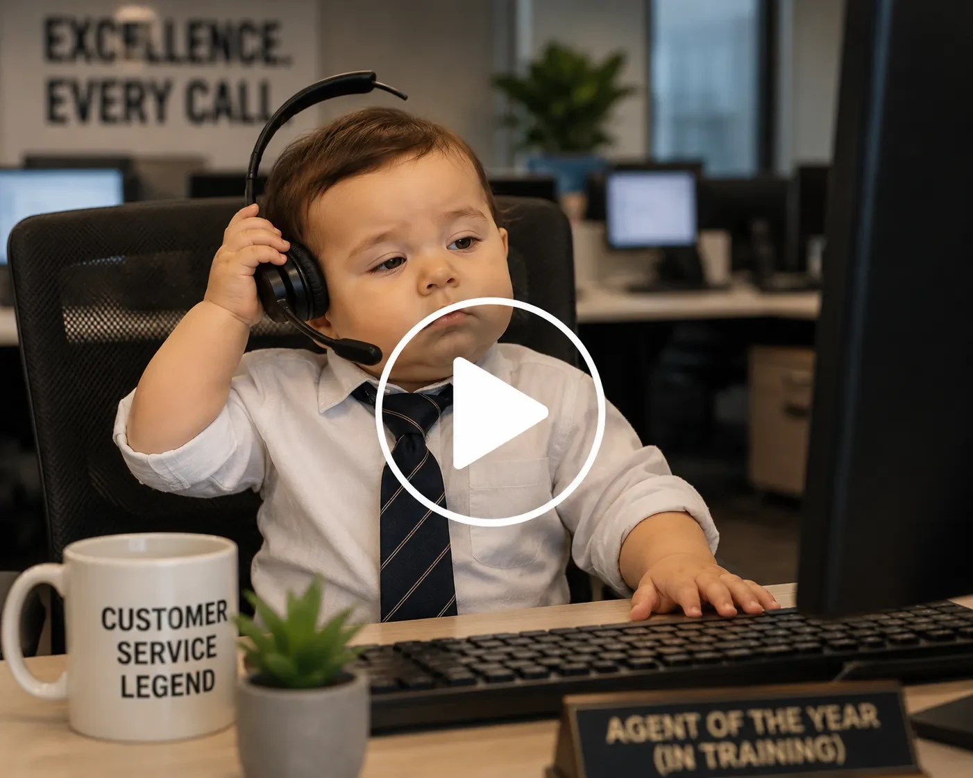 Baby wearing a headset handling customer support calls.