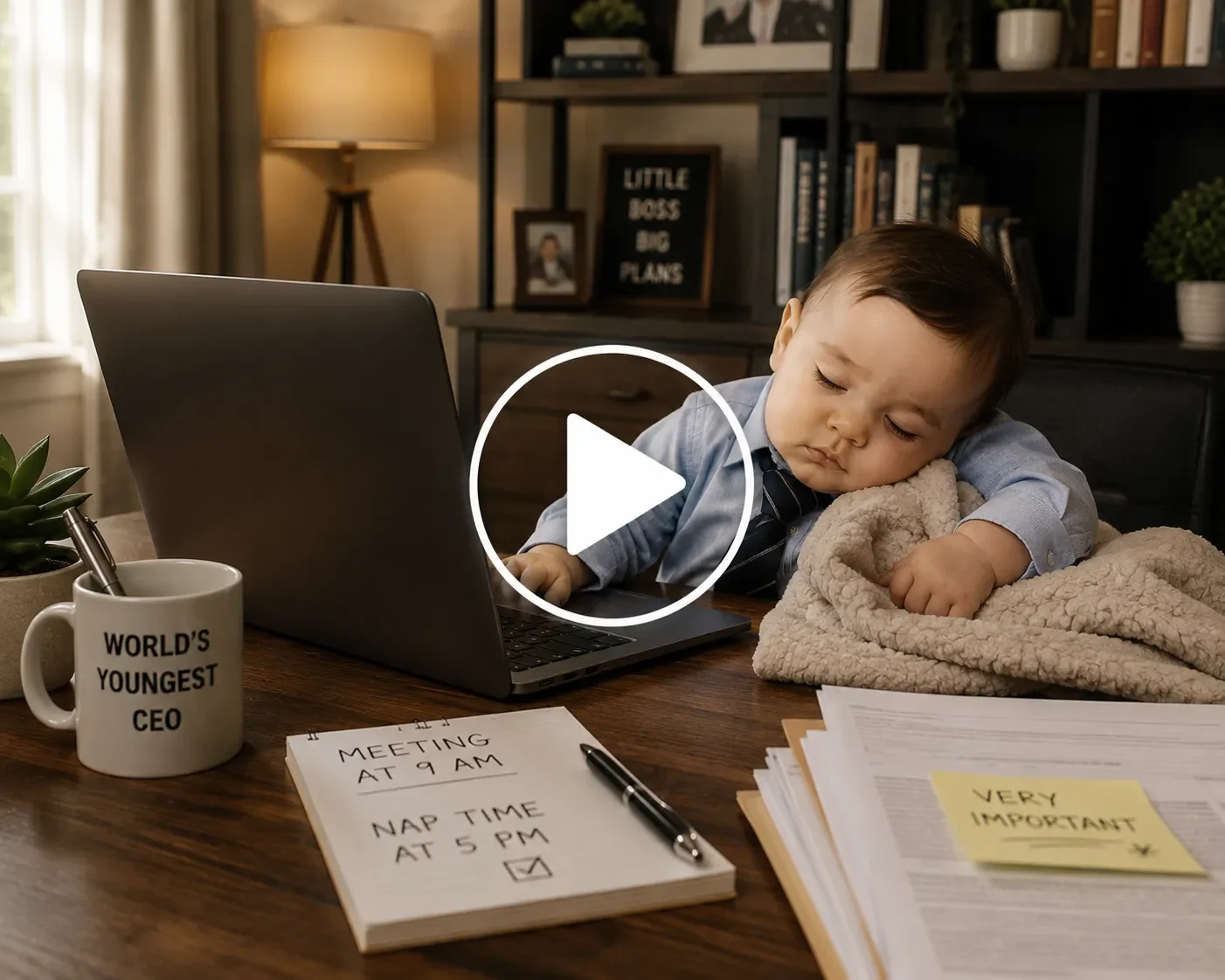 Sleepy baby working on a laptop in a home office.