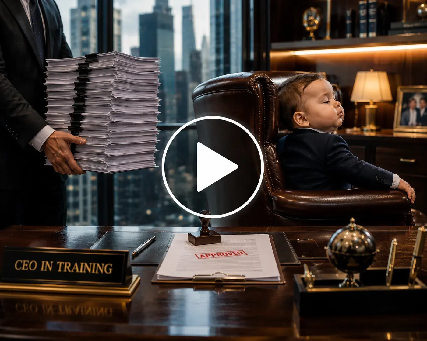 Baby CEO sitting at a luxury office desk avoiding paperwork.