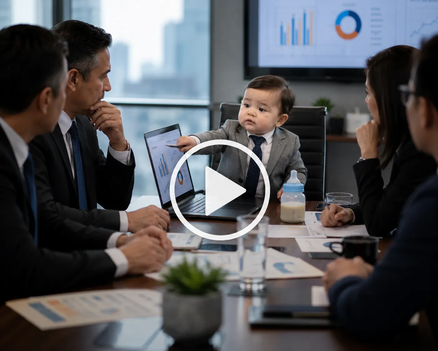 Baby executive leading a conference room meeting.
