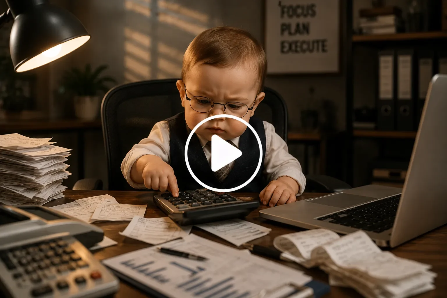 Baby accountant wearing reading glasses, surrounded by papers and calculators, exhausted while doing taxes.