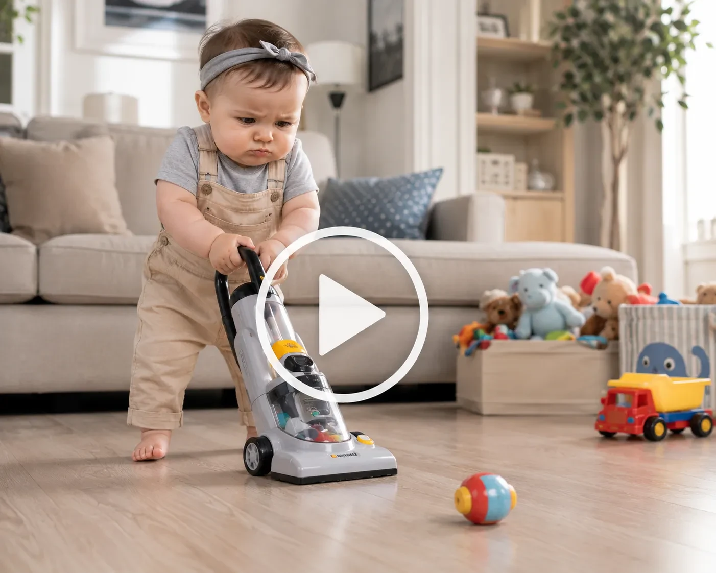 Baby cleaning with a toy vacuum and reacting to a mess.