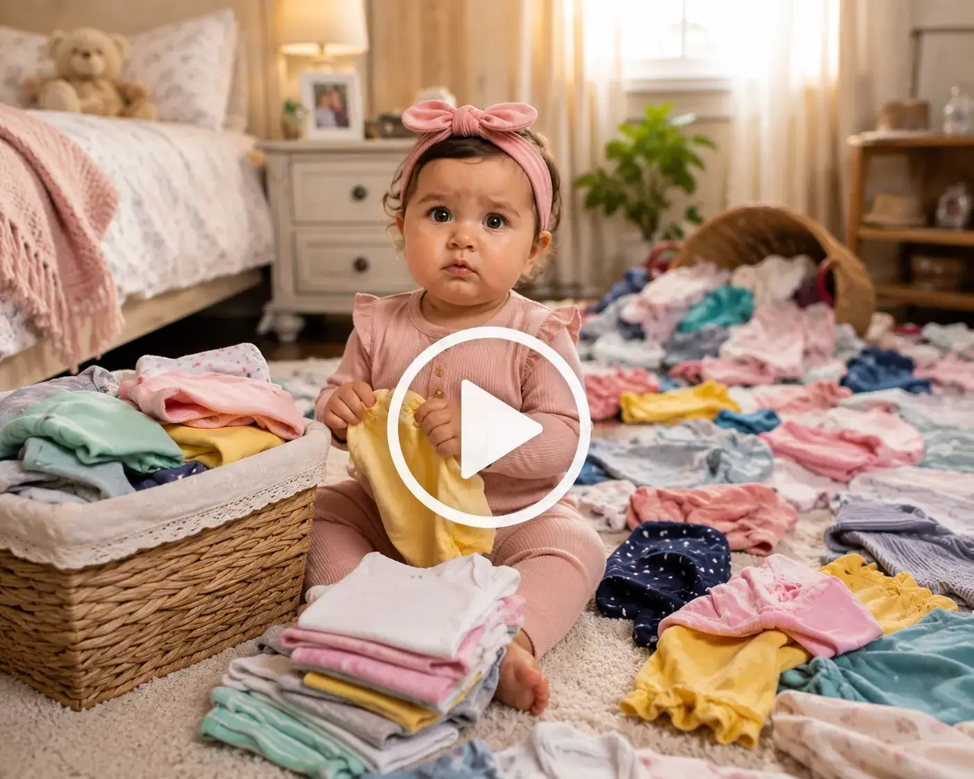 Baby folding clothes before discovering laundry scattered everywhere.