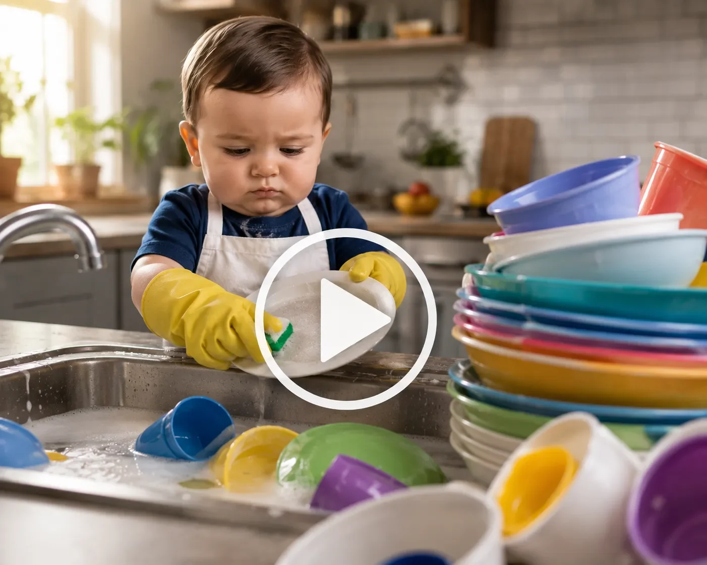 Baby washing dishes and staring at a huge pile of plates.