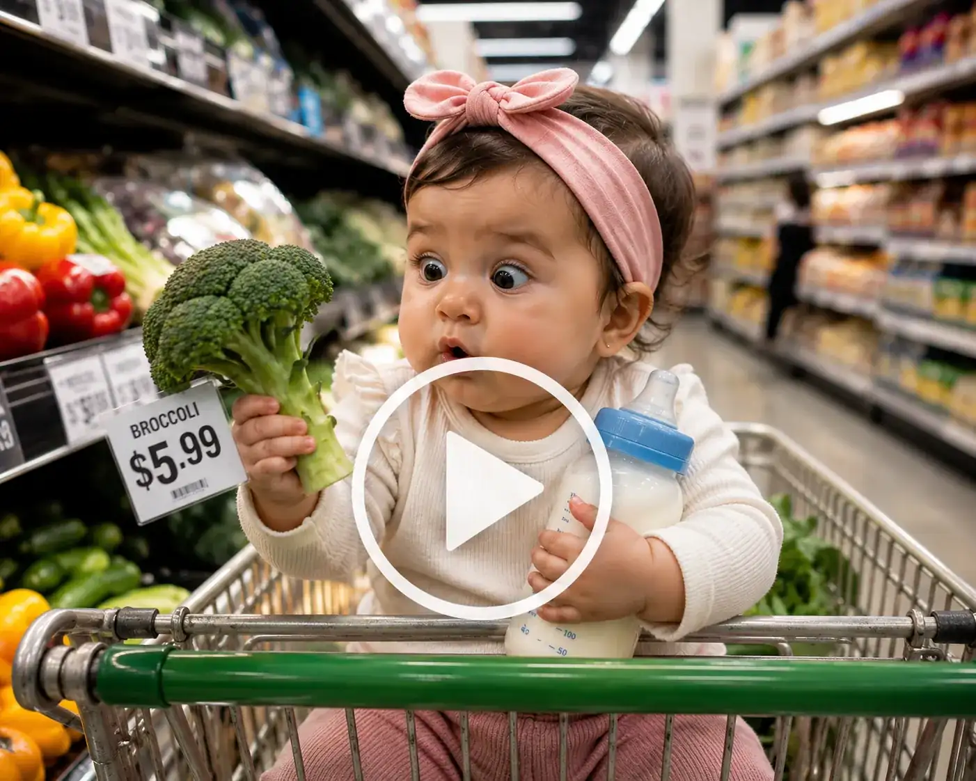 Baby in a shopping cart shocked by grocery prices.