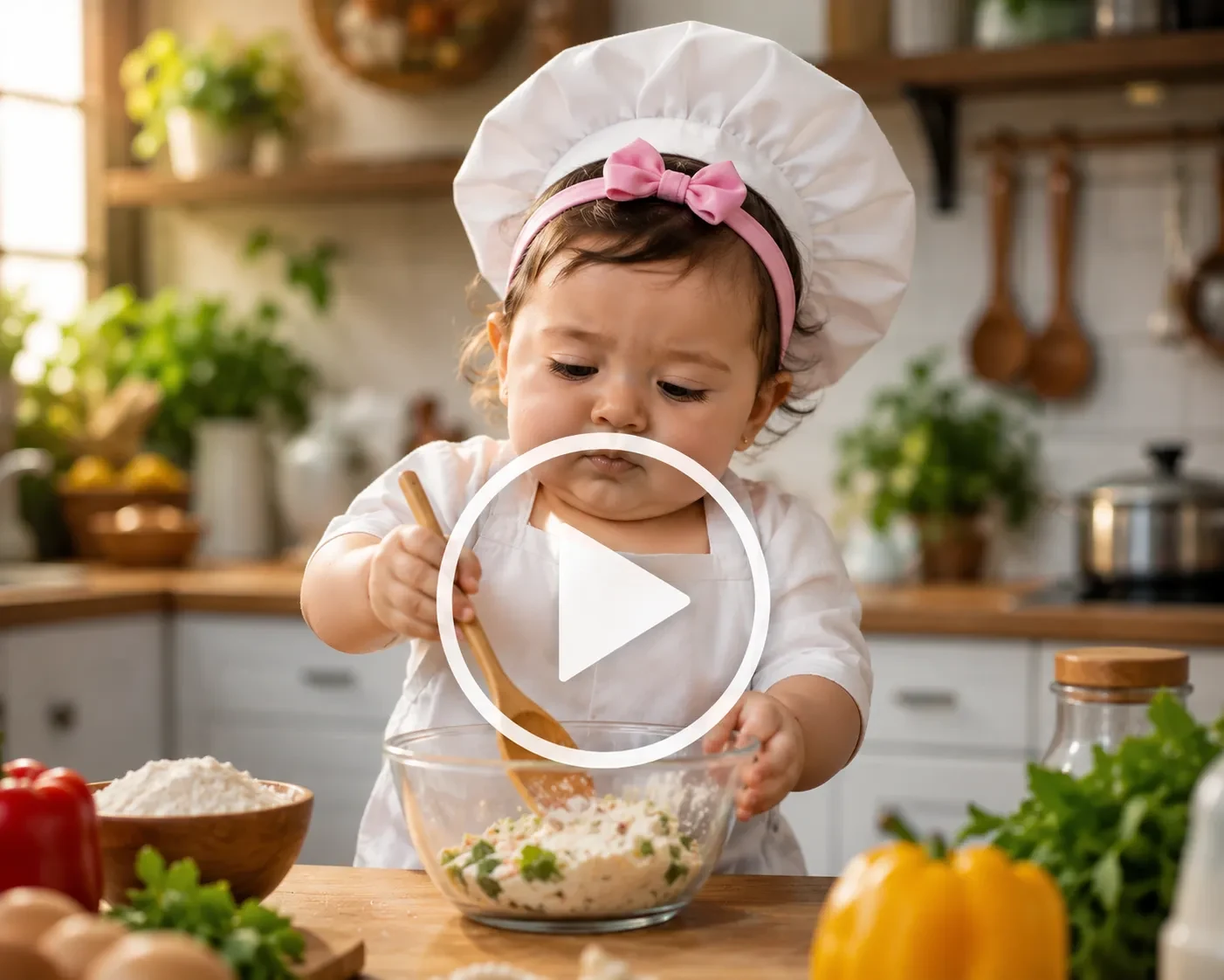 Baby chef tasting food in a kitchen and giving a chef’s kiss.