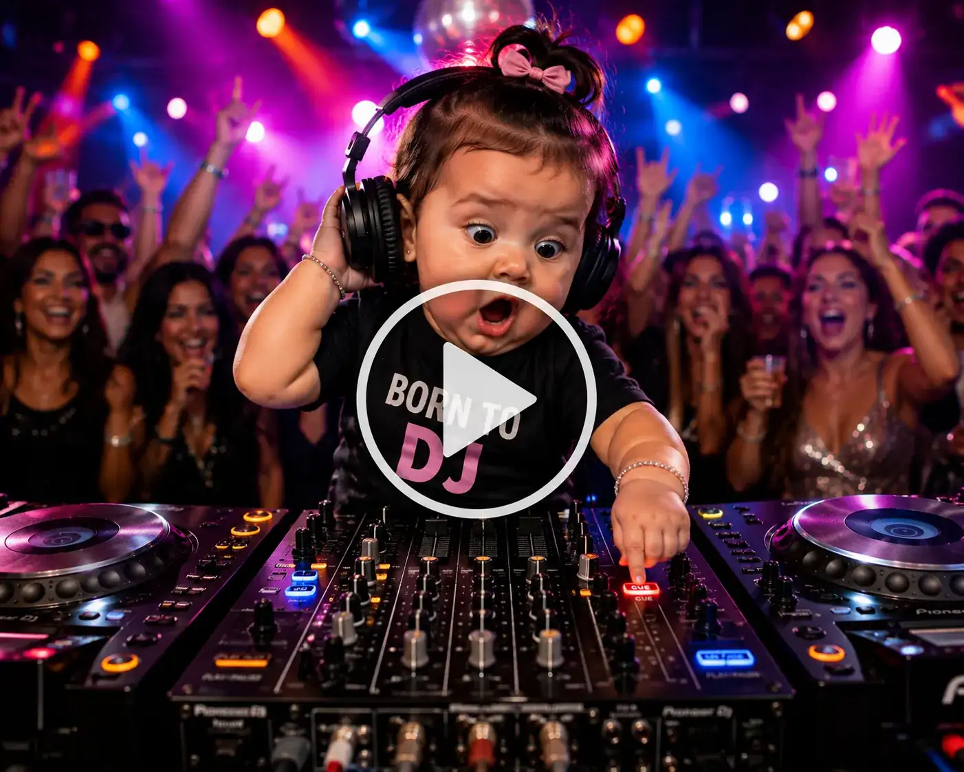 Baby DJ in oversized headphones mixing music at a colorful party.