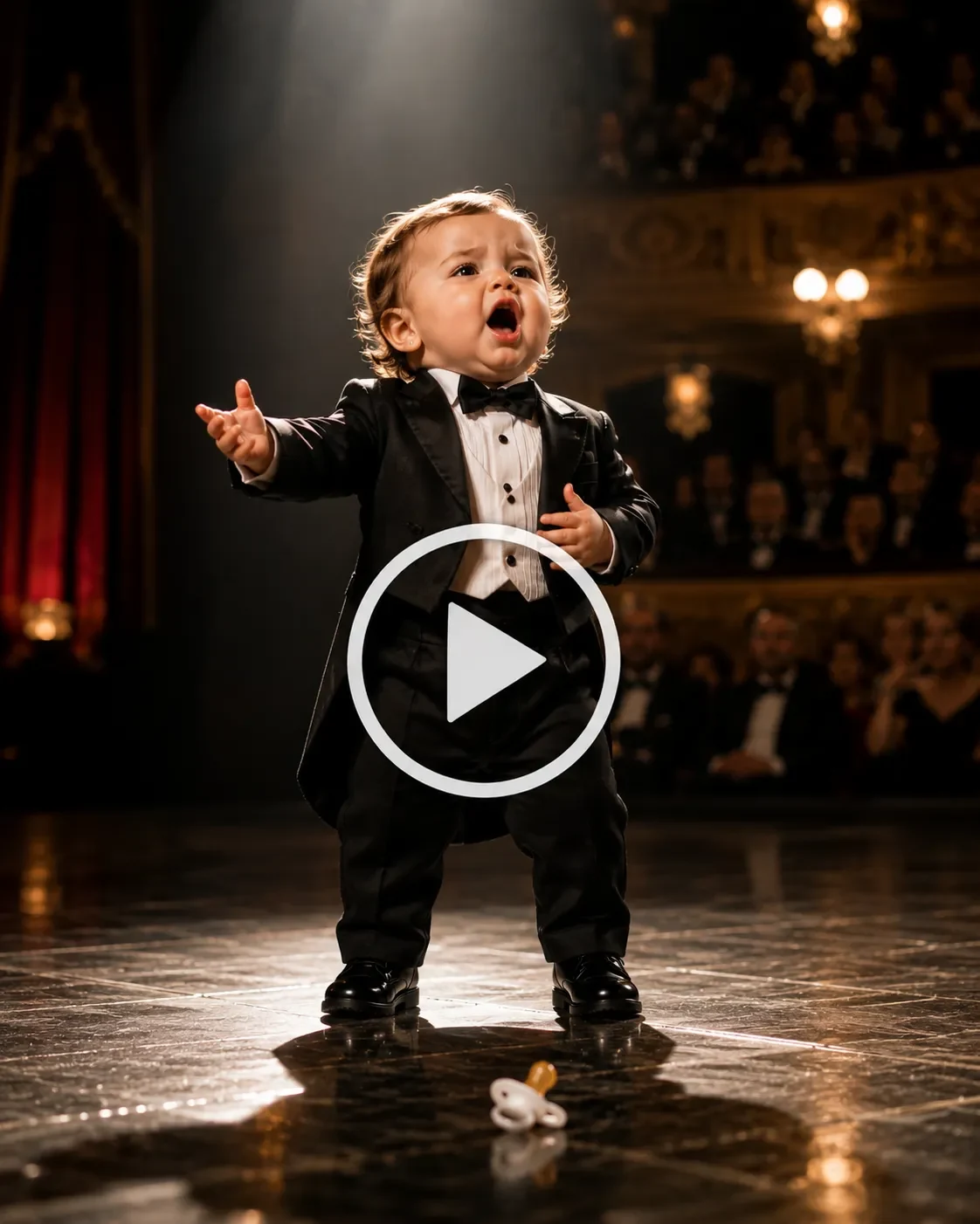 Baby opera singer on a theater stage looking at a fallen pacifier.