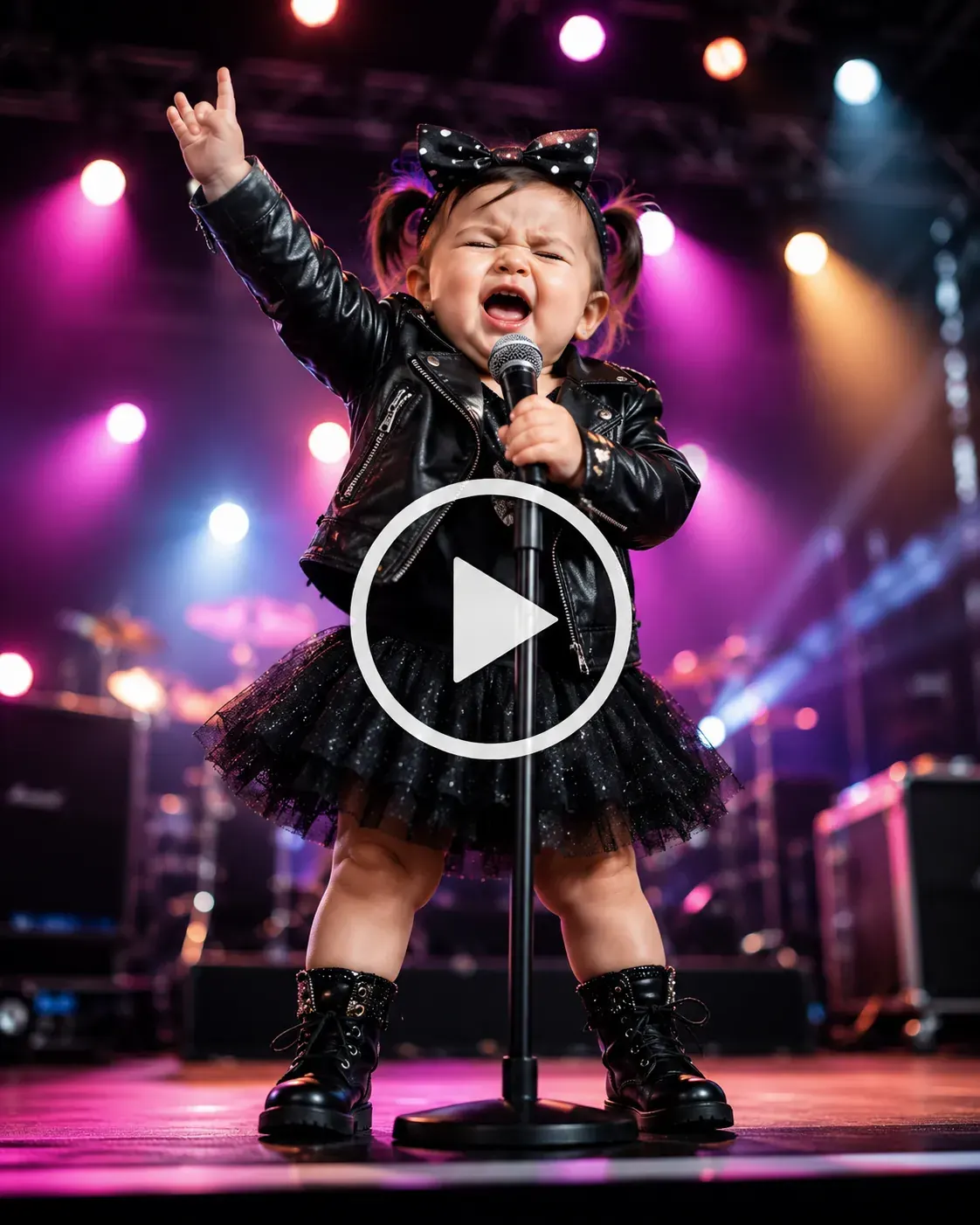 Baby rock star singing on stage before drinking from a milk bottle