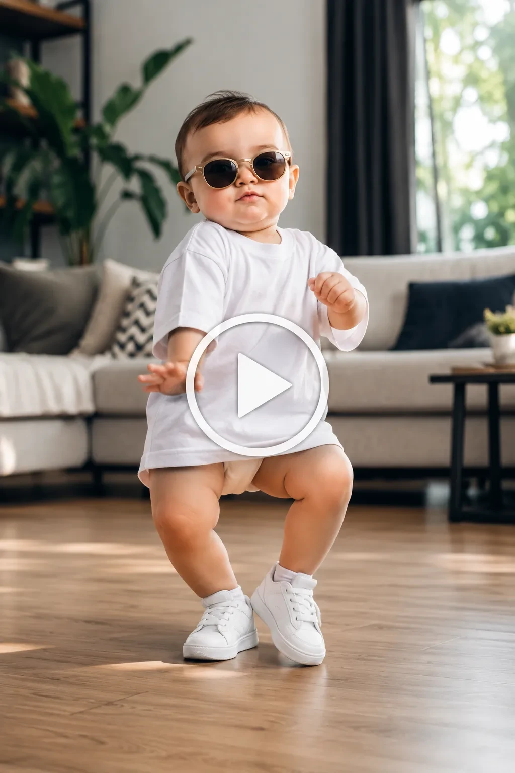 Baby wearing sunglasses moonwalking across a bright living room.