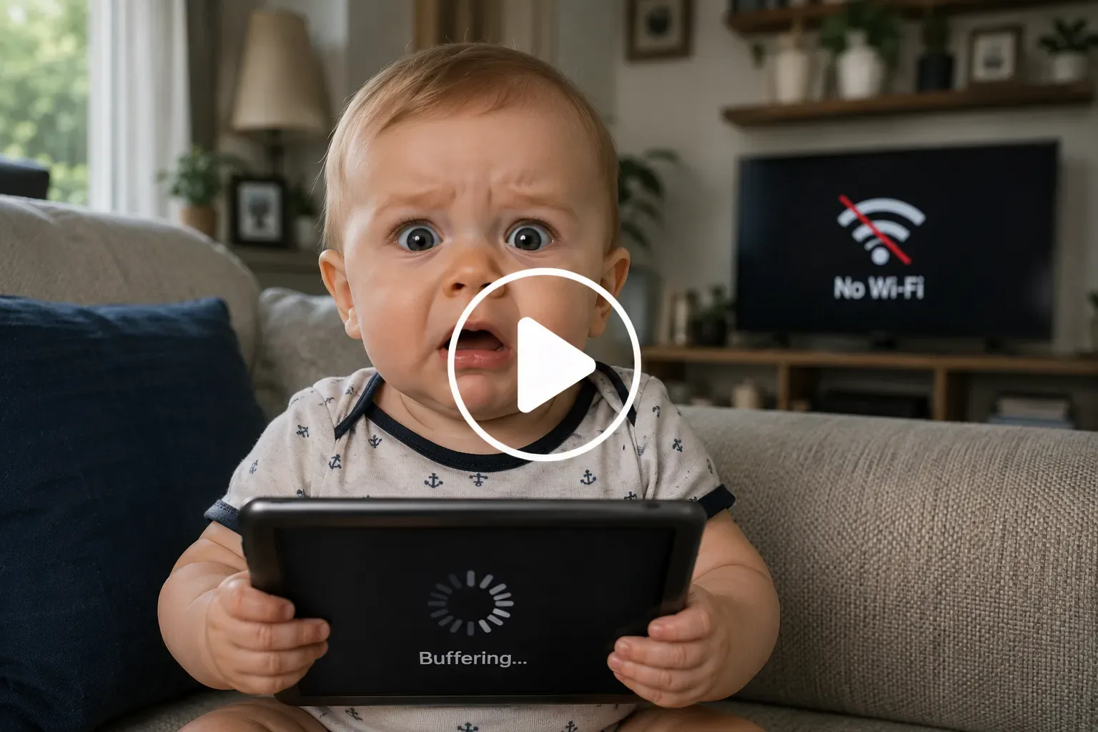 Baby sitting on a sofa with a tablet, looking shocked after realizing the Wi-Fi has stopped working.