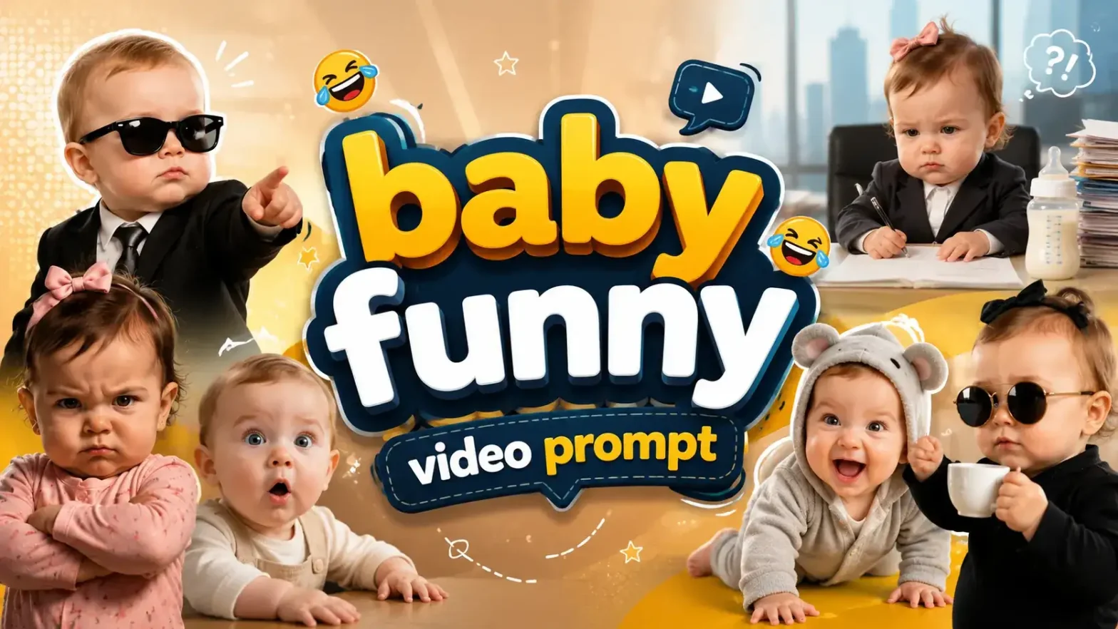 Baby funny video prompt banner with cute funny babies pictures.