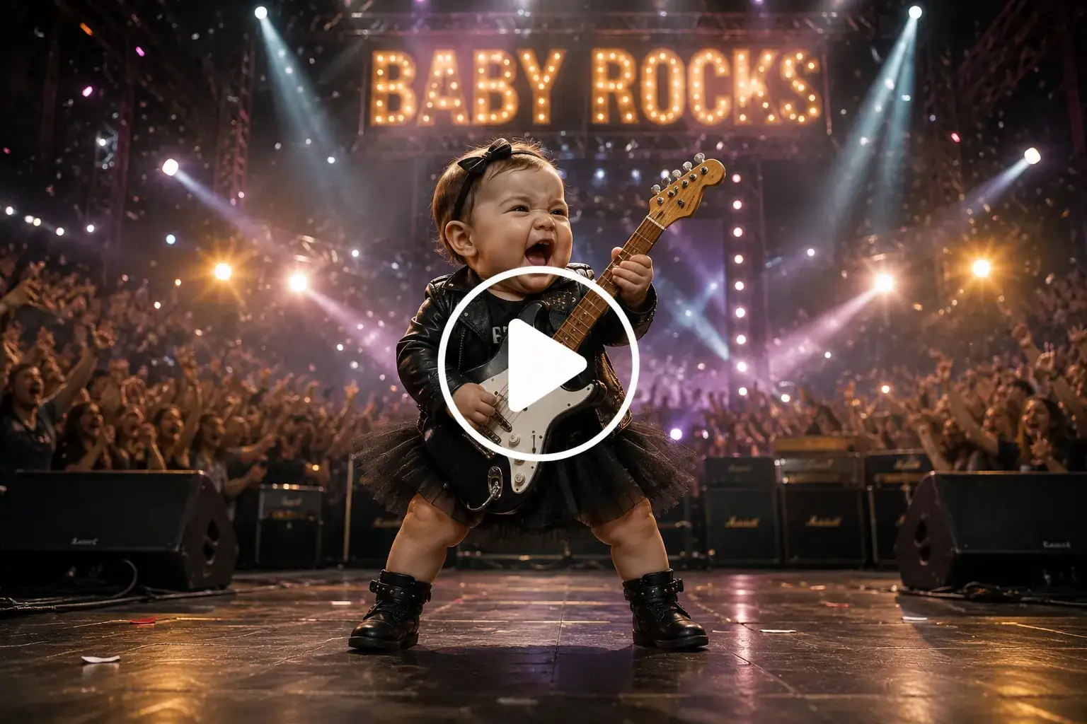 Baby guitarist transforming into a rock star on a concert stage.