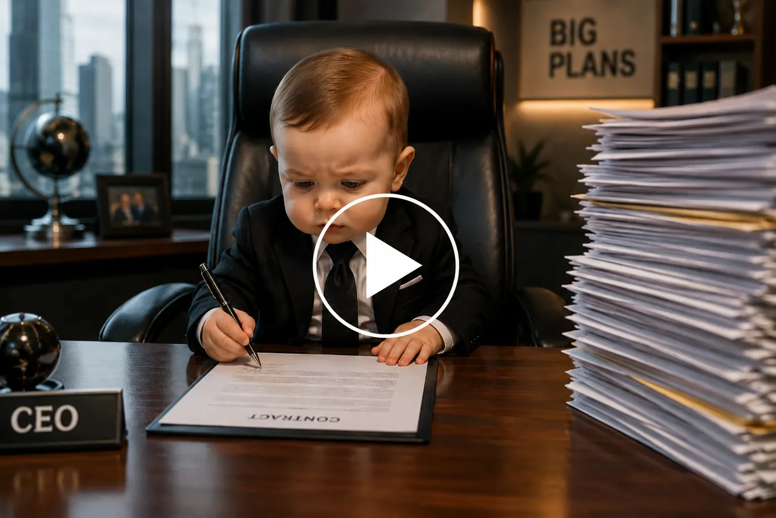Baby magically transforming into a business executive.