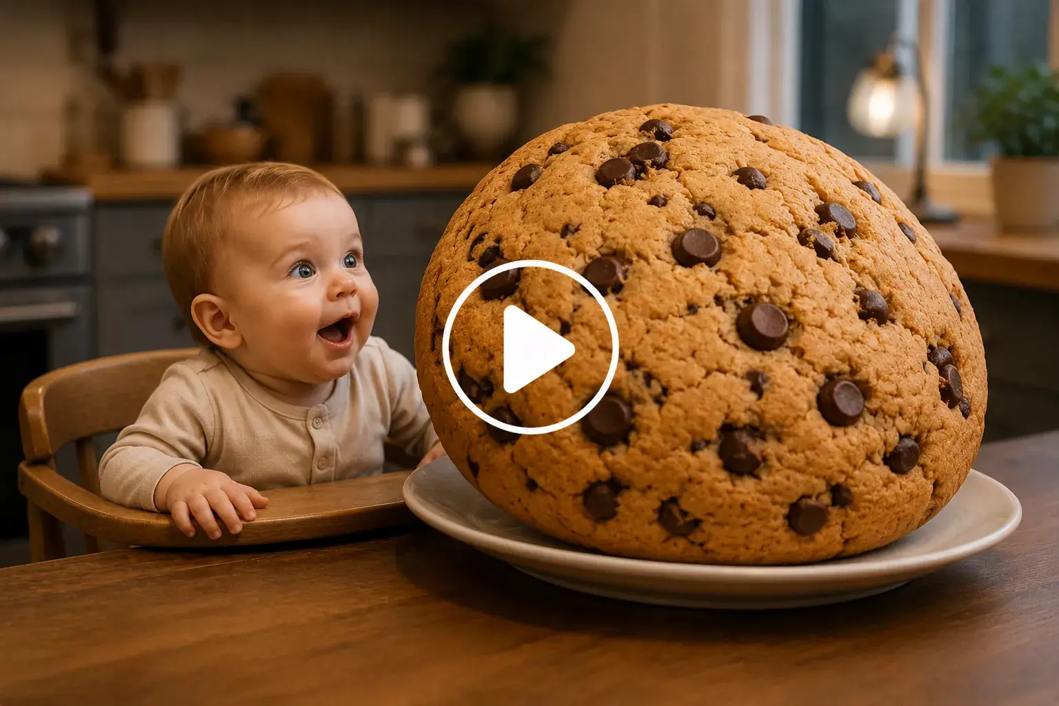 Baby amazed by a giant cookie on a plate.