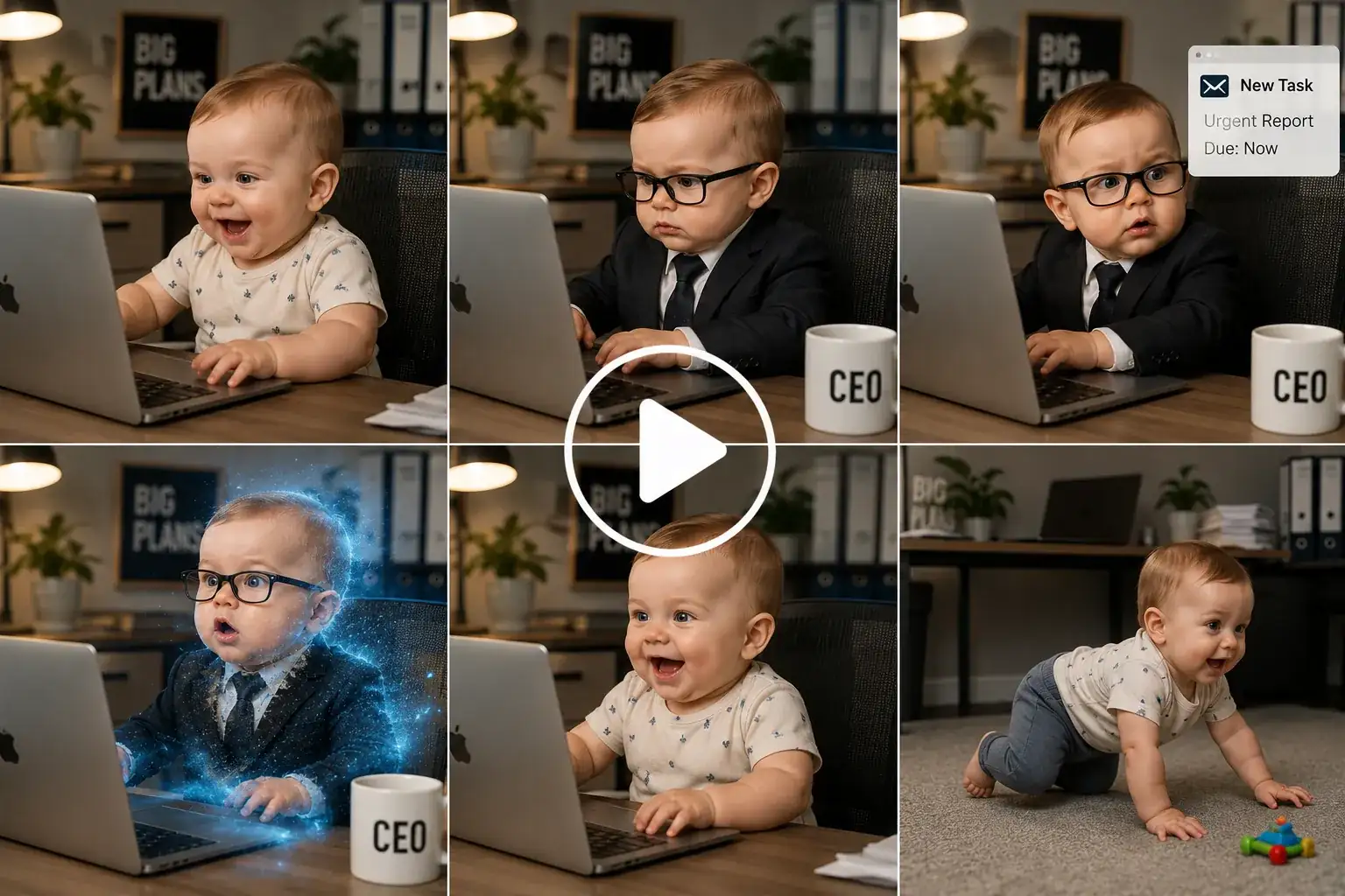 Baby turning into a serious executive at a desk.