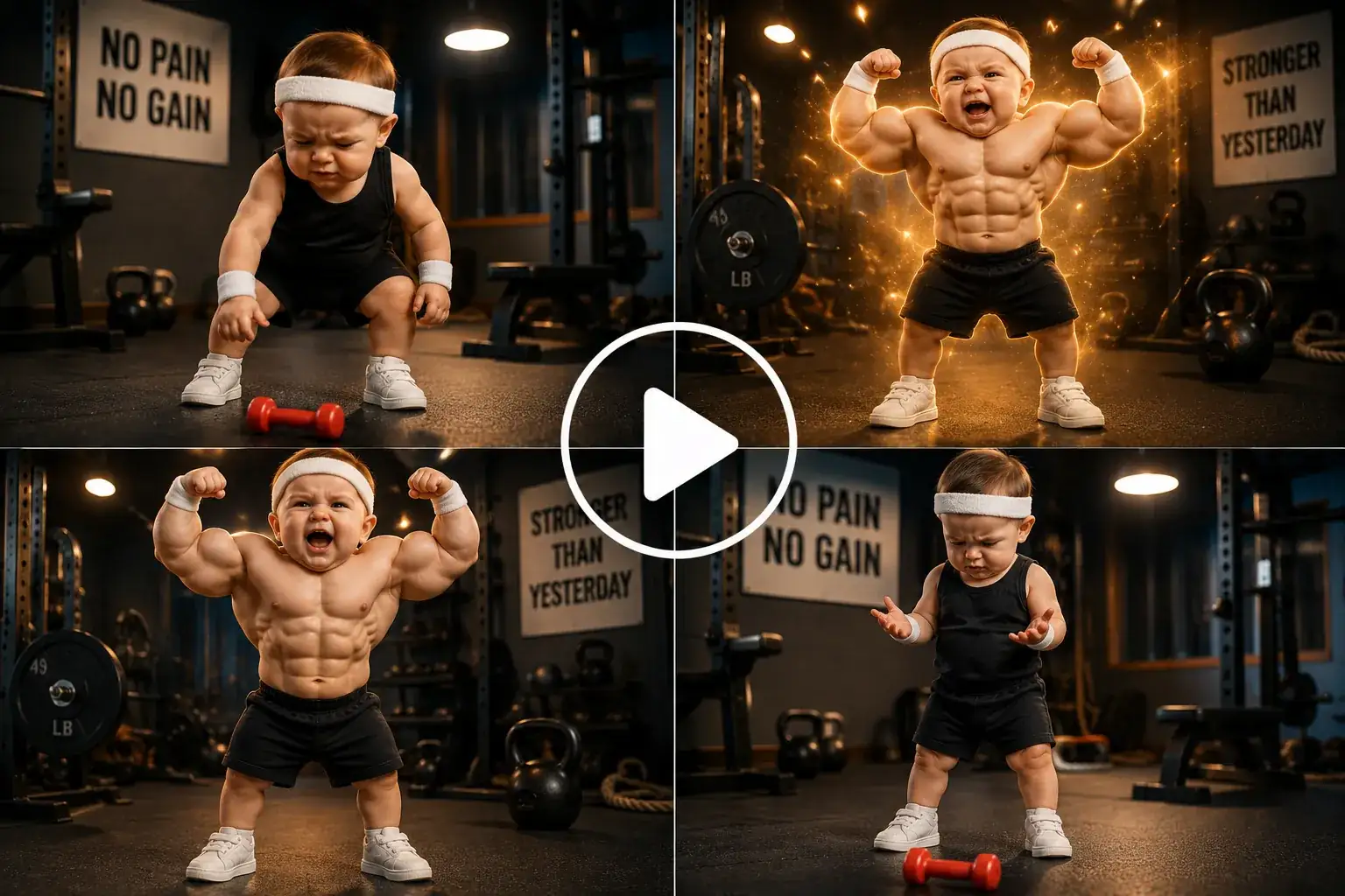 Baby transforming into a muscular bodybuilder in a gym.