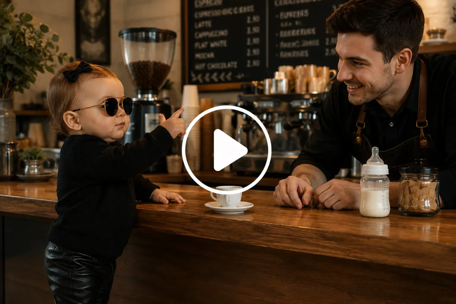 Stylish baby in sunglasses at a café counter judging a coffee order before choosing a milk bottle instead.