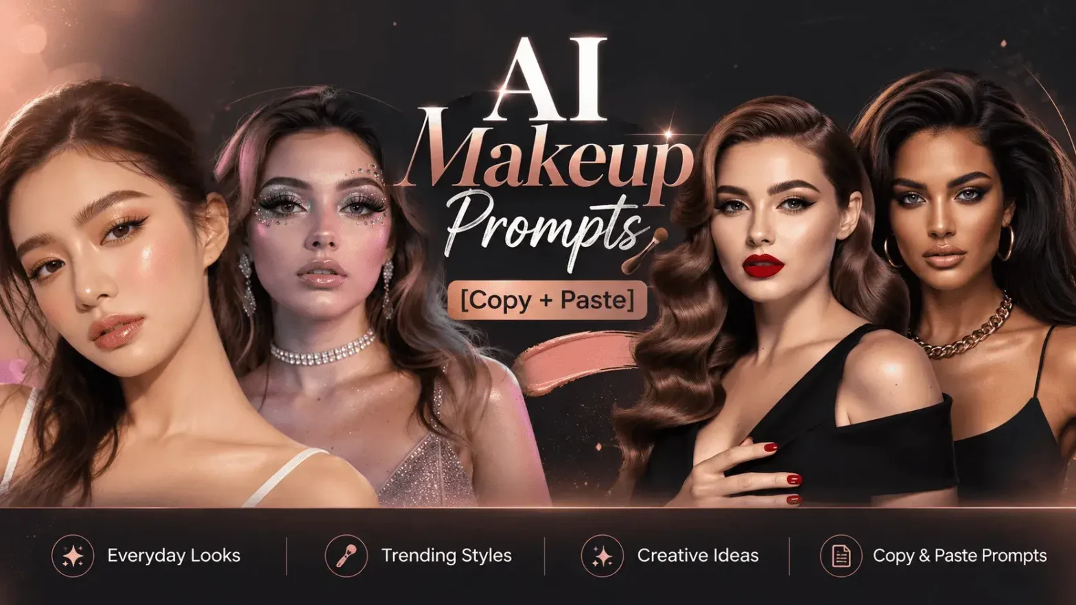 blog banner featuring five glamorous makeup looks ranging from natural beauty to editorial, bridal, and bold fashion styles.