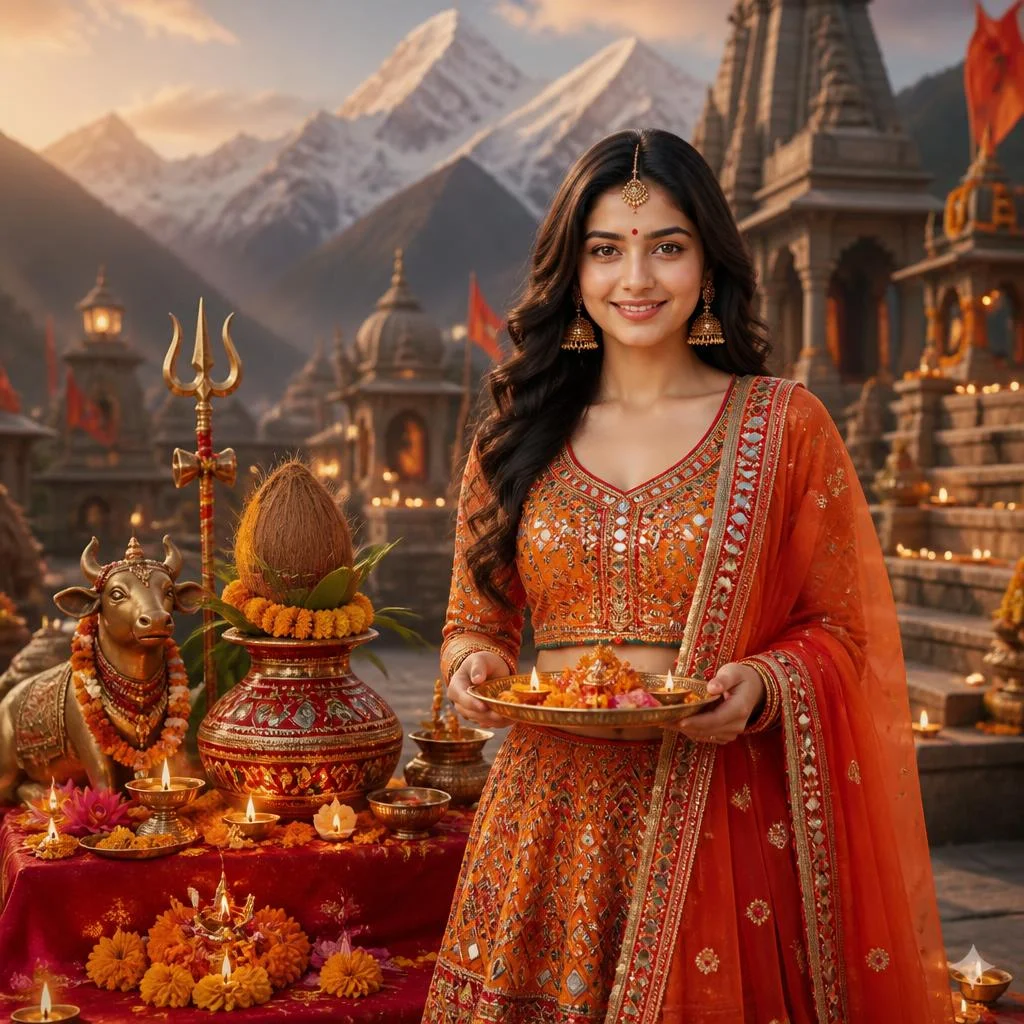 Girl in orange-red Gujarati chaniya choli celebrating Maa Shailputri on Navratri Day 1