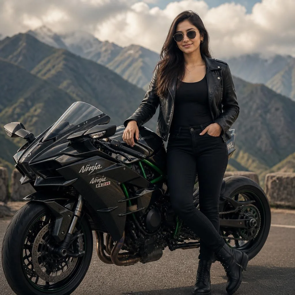 Photorealistic cinematic female motorcycle portrait featuring a confident young woman posing beside a Kawasaki Ninja H2R. Black leather jacket, fitted black top, dark trousers, boots and sunglasses. Dramatic mountain landscape, cloudy sky, natural sunlight, realistic hair movement, natural standing pose, detailed motorcycle and shallow background blur. Exact Kawasaki Ninja H2R only