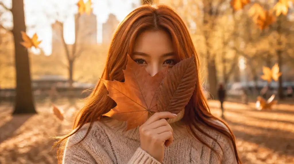Close-up portrait of a person holding maple and chestnut leaves over their face with only their eyes visible.